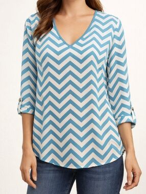 Kiara Sky Aqua & White Chevron Blouse